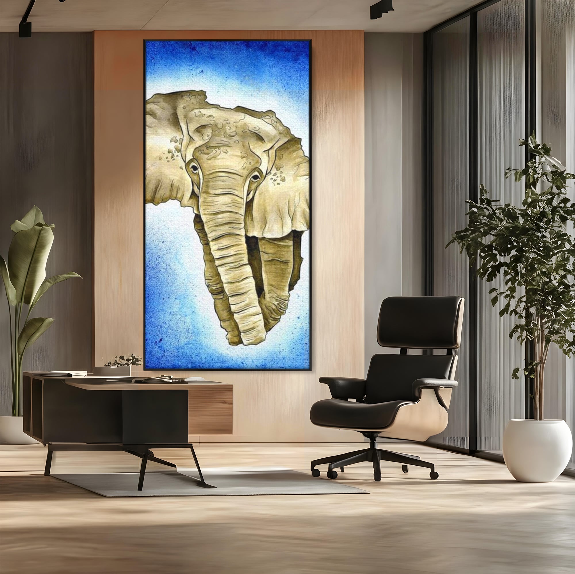 Tablou canvas cu tablou canvas cu cap de elefant, in rama de aluminiu negru, pe perete intr-un birou